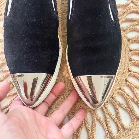 Miu Miu Black Suede Metal Cap Toe Slip On Sneakers Size 36 - Picture 6 of 10